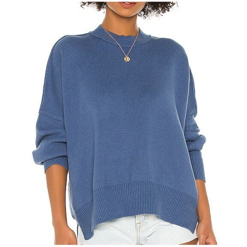 Free People Sweater Women Easy Street Tunic Blue Oversized Ribbed Size L